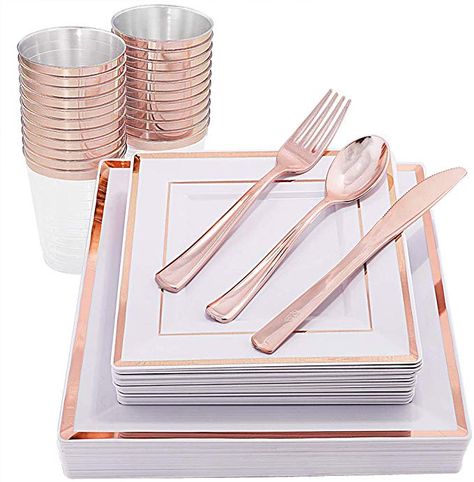 Rose Gold Birthday Decor, Gold Birthday Decor, Birthday Diner, Rose Gold Silverware, Spring Baby Shower Ideas, Rose Gold Cutlery, Cake Stand Decor, Gold Plastic Plates, Gold Kitchen Accessories