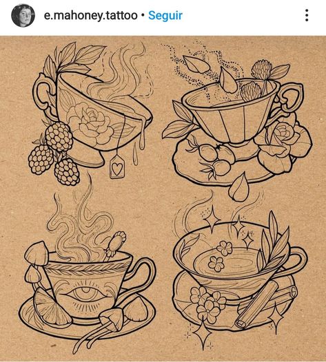 Cottagecore Tattoo Flash Sheet, Mushroom Teacup Tattoo, Yea Bag Tattoo, Autumn Flash Tattoo, Tea Cup Tattoo Design, Witchcraft Art Drawing, Tea Cup Tattoos, Neotraditional Tattoo Flash Sheet, Small Neotraditional Tattoo