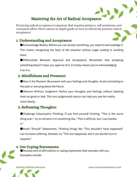 Enhance your therapeutic toolkit with a powerful approach that promotes healing and growth.  Dive deep into the transformative power of radical acceptance with this simplified digital guide tailored specifically for therapists or clients. Learn actionable strategies and exercises to introduce and practice radical acceptance with your clients. Instant download for endless utilization. How to Download: Once purchased, you will receive an email with a unique download link. Click on the link to access the digital guide. Download the guide to your preferred device for offline access. Begin your journey into the world of radical acceptance! Note: This is a digital product. No physical item will be shipped. Ensure you provide a valid email address during purchase to receive the download link. Radical Acceptance Worksheet, Accepting No, Radical Acceptance Coping Statements, Radical Self Acceptance, Therapist Tools, Group Therapy Activities, Dbt Skills, Radical Acceptance, Social Emotional Learning Activities