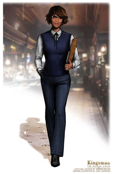 Ginger Ale Concept Art By Greg Hopwood of Halle Berry for Kingsman 2: Golden Circle. Costume Design by: Arianne Phillips Ginger Ale Kingsman, Kingsman Style, Kingsman Fanart, Kingsman Suits, Kingsman Movie, Whiskey Art, Manners Maketh Man, Costume Illustration, Kingsman The Secret Service