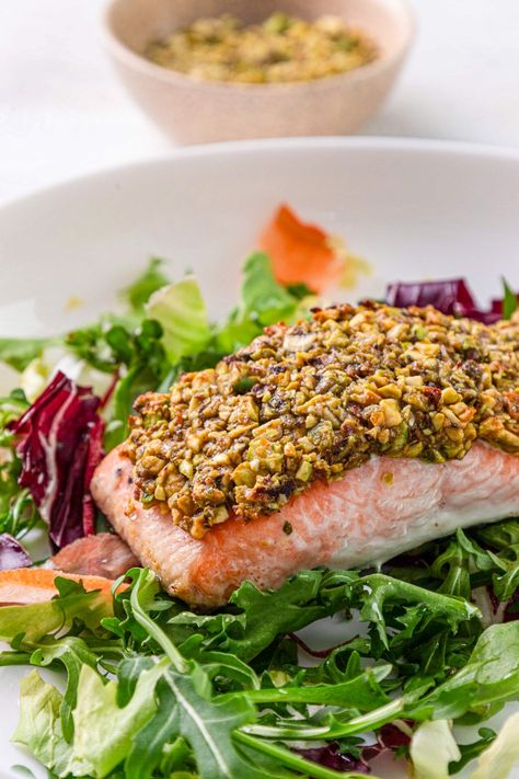 Pistachio Crusted Salmon | Baked Bree Salmon With Pistachio Crust, Pesto Crusted Salmon, Pistachio Crusted Salmon, Roasted Kabocha Squash, Salmon Baked, Goat Cheese Pasta, Vegetable Crisps, Chicken Appetizers, Crusted Salmon