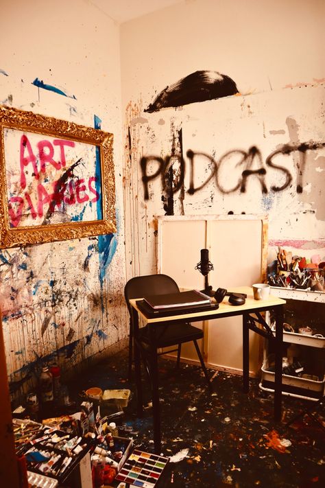 My art podcast studio is where I paint everyday. Get to know my guests in my instagram account in the link below For available art please visit www.cristinebalarineart.com Podcast Studio Ideas, Podcast Studio Aesthetic, Podcast Decor, Podcast Wall, Podcast Studio Design, Music Studio Art, Podcast Room, Podcast Artwork, Art Podcast