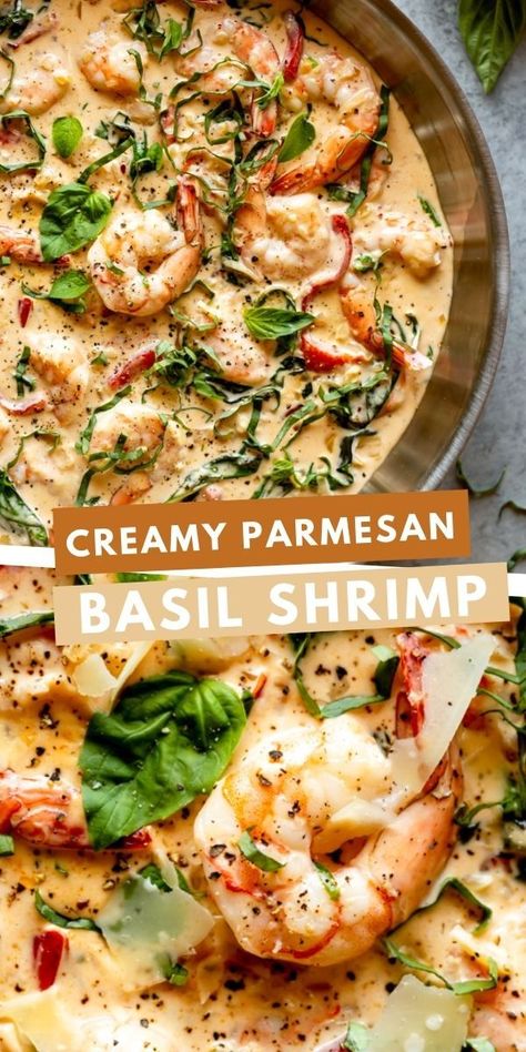 27 reviews · 30 minutes · Gluten free · Serves 4 · This Creamy Parmesan Basil Shrimp is a restaurant quality dish you can make at home! Creamy luscious sauce envelops plump shrimp, perfect for serving over pasta, or make it keto and serve with… More Autumn Shrimp Recipes, Basil Shrimp, Fried Fish Recipe, Keto Fish, Keto Shrimp Recipes, Tilapia Fish, Basil Recipes, Easy Fish Recipes, Dinner Prep