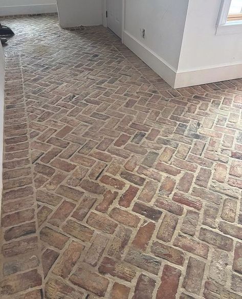 Brick Foyer Floor, Brick Floor Foyer Entrance, Brick Look Tile Floor Laundry Room, Brick Floor Cottage, Interior Brick Floor, Brick Garage Floor, Brick Sunroom Floor, Brick Flooring In Kitchen, Brick Floor Kitchen Farmhouse Style