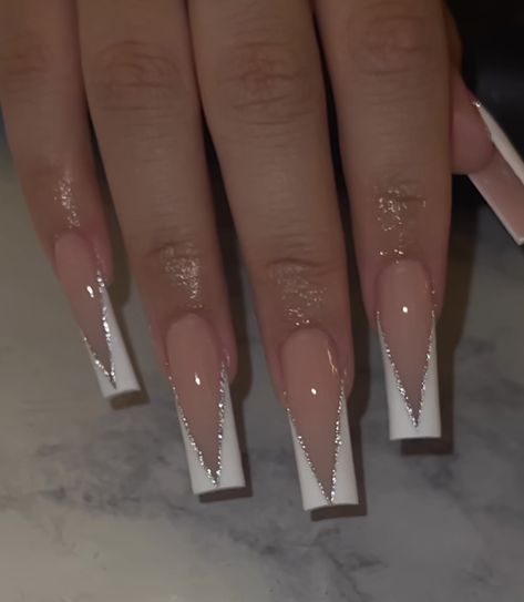 Elegant Simple Acrylic Nails, French Tip Nails W Diamonds, White Tip Acrylic Nails Designs, French Tip Designs With Gems, Long Square Wedding Nails, White Diamond Acrylic Nails, Wedding Acrylic Nails Bridesmaid, Long Square Coffin Acrylic Nails, V French With Glitter