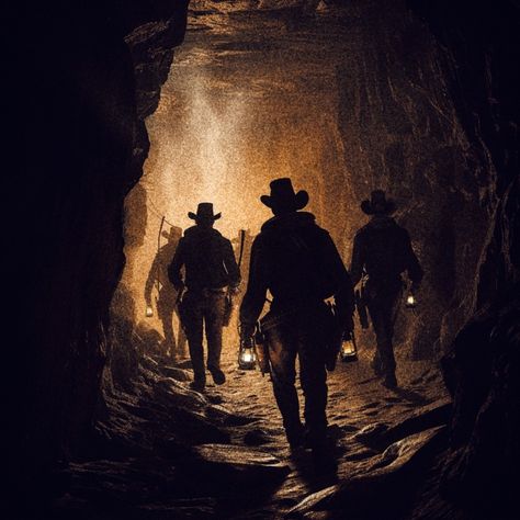 Group of cowboys walking down a low lit Mineshaft Western Vampire, Gothic Western Aesthetic, Dark Western Aesthetic, Western Horror, Wild West Aesthetic, Dark Western, Gothic Western, American Folklore, Western Gothic