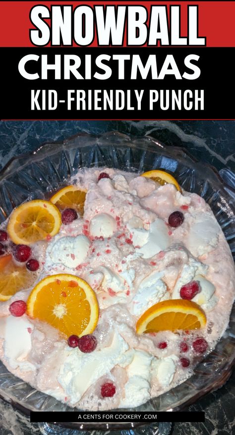 This fun holiday Snowball Christmas punch recipe is a kid-friendly, non-alcoholic recipe you will love using year after year. It's a simple drink that looks fancy and impresses kids every time. So pull out your punch bowl for this ice cream topped fizzy punch with orange and cranberry juices. Christmas Punch Kid Friendly, Kid Friendly Christmas Drinks, Ice Cream Punch Recipes, Kid Friendly Punch, Kids Christmas Drinks, Snowball Punch, Ice Cream Punch, Friday Drinks, Easy Party Drinks