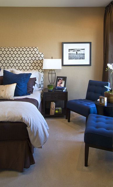 Sample navy blue and brown bedroom at an EYA townhome in Washington, DC. Learn more about EYA at http://www.EYA.com. Blue And Brown Bedroom, Taupe Bedroom, Luxury Townhomes, Navy Blue And Brown, Bedroom Brown, Blue Chairs, Table Layout, Head Board, House Bedrooms