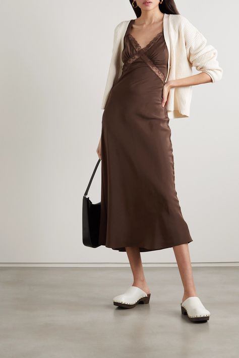 Silk Dresses Outfit, Brown Silk Dress, Slip Dress Outfit, Reformation Clothing, Brown Maxi Dresses, Designer Maxi Dress, White Accessories, Brown Silk, Maxi Slip Dress