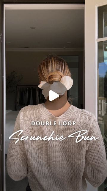 Nichole Ciotti on Instagram: "The Double Loop Scrunchie Bun 💁‍♀️

Gather hair into a low ponytail and hold it in one hand. Bring the tail straight up with your other hand, wrapping it over your pointer finger and behind the other three fingers. Fold the tail in half next to your hand. Push up on the tail to create the top loop. Use your middle finger to hold the style in place. Tuck any loose ends behind the loop and your finger. Secure with a scrunchie! 

I like this scrunchie because it has fabric built around an actual hair tie so it’s secure with just the right amount of stretch and tension. Double the loops, double the fun!

#hair #hairtutorial #updo #hairstyles" Scrunchie Bun, Hand Wrapping, Fun Hair, Loose Ends, Updo Hairstyles, Low Ponytail, The Double, Hair Tie, Hair Ties