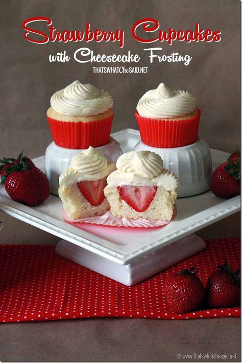 Surprise Strawberry Cupcakes with Cheesecake Frosting from thatswhatchesaid.net  #desserts #cupcakes #cheesecake Strawberry Cheesecake Frosting, Cheesecake Buttercream Frosting, Cheesecake Frosting Recipe, Cheesecake Icing, Cheesecake Buttercream, Mm Cupcakes, Baking Spring, Book Treats, Strawberry Shortcake Cupcakes