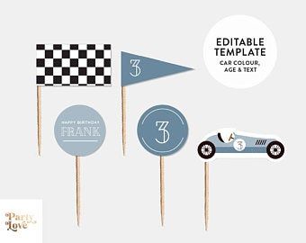 Vintage Racing Car Party, Modern Race Car Birthday Party, Vintage Race Car Party Printables, Race Car Cupcakes, Race Car Party Printables, Race Car Cupcake Toppers, Upsherin Ideas, Car Cupcakes, Car Cupcake Toppers