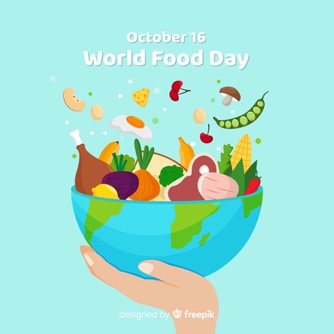 Worldwide food day bowl of delicious mea... | Free Vector #Freepik #freevector Hari Gizi, World Food Day, Outdoor Catering, World Vegan Day, Vegetable Cartoon, Food Day, Eid Crafts, Nutritious Food, World Food