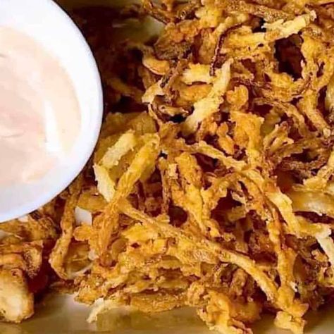 Crispy onion strings straws recipe close up with dip Onion Strings Recipe, Onion Straws, Cheese Quesadilla Recipe, Onion Strings, Chicken Salads, Quesadilla Recipe, Salad Toppers, Cheese Quesadilla, Easy Appetizers