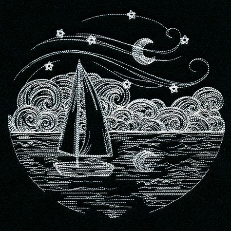 A boat sails into the night in this dreamy motif. Create beautiful pillows, totes, wall hangings, and more with this machine embroidery design. Boat Embroidery, Night Ocean, Ocean At Night, Embroidery Pillow, Freestanding Lace Embroidery, Black Pillow, Embroidered Pillow Covers, Sashiko Embroidery, Linocut Art