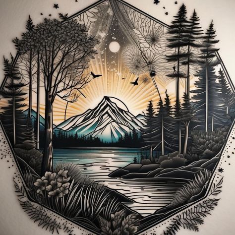 Smoky Mountains Tattoo, Ocean Meets Mountains Tattoo, Fish With Mountains Tattoo, Mountain Tree Water Tattoo, Mountains Trees Water Tattoo, Mountain Ocean Forest Tattoo, Married Tattoos, Cliffs Tattoo, Pacific Crest Trail Tattoo