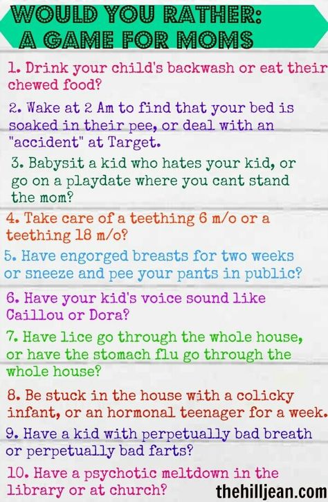 all so funny, minus #3 about not liking another mom :-/ but could replace that with another funny mom oriented would you rather question.  Fun ice breaker for MOPS. Ice Breaker Games For Adults, Funny Ice Breakers, Moms' Night Out, Funny Baby Shower Games, Games For Moms, Moms Night, Would You Rather Questions, Mom Group, Ice Breaker Games