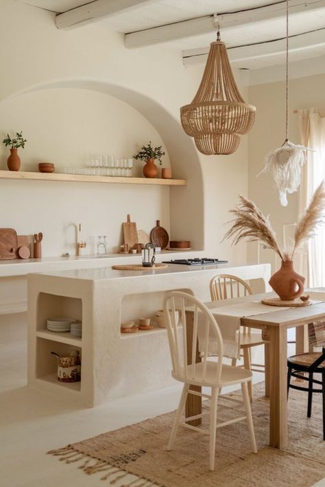 A minimalist bohemian kitchen and dining room with natural wood elements, open shelving, and a woven rug. Mediterranean Wardrobe, Mediterranean Minimalist Interior, Concrete Shelves, Bali Kitchen, Bali Interior, Bohemian Kitchen, Cottage Bathroom, Mediterranean Design, Raw Beauty