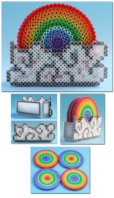 Rainbow perler coasters and cloud holder Perler Bead Designs, Perler Creations, Melty Bead Patterns, 3d Perler Bead, Fuse Bead Patterns, Art Perle, Hama Beads Design, 8bit Art, Perler Bead Templates