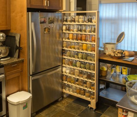 I made a pull-out spice rack to organize all our spice jars! Cabinet Organization Diy, Spice Storage Solutions, Maximize Kitchen Space, Spice Rack Organization, Diy Spice Rack, Rv Inspiration, Organized Kitchen, Diy Spices, Secret Storage