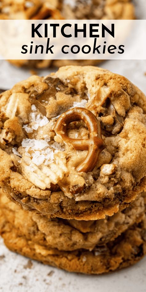 This Kitchen Sink Cookies recipe is the one you need to have in your back pocket! If you want to wow a crowd with an incredible treat that no one else will bring to the party, this is the one! Plus, I’m sharing all my extra tips on making the absolute best kitchen sink cookies! Everything Except The Kitchen Sink Cookies, Best Kitchen Sink Cookies, Everything But The Kitchen Sink Cookies, Kitchen Sink Cookie Recipe, Kitchen Sink Cookies Recipe, Sink Cookies, Kitchen Sink Cookies, Popular Desserts Recipes, Salty Cookies