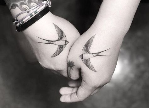 swallows, dr woo Hand Tattoo Designs For Women, Swallow Tattoos, Hand Tattoo Designs, Tattoo Couple, Couple Matching Tattoo, Couple Tattoos Unique, Key Tattoos, Worlds Best Tattoos, Couples Tattoo Designs