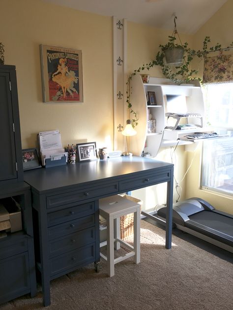 Treadmill desk/craft room re-do                              … Treadmill In Office Room, Small Office With Treadmill, Treadmill In Office, Treadmill In Bedroom Ideas, Treadmill In Bedroom, Newlywed Apartment, Classy Desk, Small Room Layouts, Office Craft Room Combo