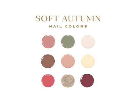 This PDF guide was created as a comprehensive list of all nail colors falling within the Soft Autumn Color Season in color typing. These colors have been carefully matched and ensure that you will choose a nail color that complements the rest of your look.  - GUIDE INCLUDES: 1. Colors listed by brand. Brands include: Essie, Essie Gel Couture, Essie Expressie, OPI Infinite Shine & Regular, OPI Gel, OPI Nature Strong, Olive & June, Pacifica, Nailtopia, Zoya, Sally Hansen Insta Dri and Sally Hansen Miracle Gel  2. Guides include over 100+ carefully selected and color matched shades.  2. Looking for a brand not listed? Send us a message and we will track down the coordinating colors for you!  This item is a digital download. After purchase, you will be able to download right away. No palettes Nail Colors For Soft Autumn, Nails For Soft Autumn, Soft Autumn Color Palette Nail Polish, House Of Colour Autumn Nails, Soft Autumn Nails Color Palettes, Soft Autumn Nail Polish, Soft Autumn Color Season, Muted Nail Colors, Soft Autumn Nail Colors