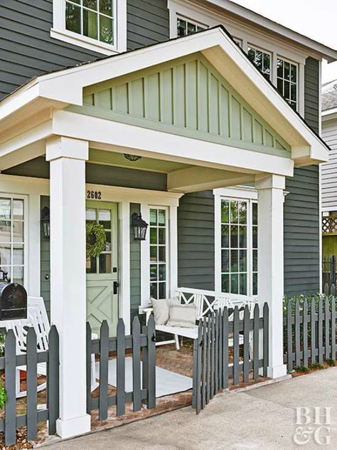 Trending: Dark Exterior Paint Colors - Lolly Jane Green Blue Exterior Paint, Blue Green House Paint Exterior, Light Green Cottage Exterior, Exterior House Colors Blue Green, Soft Green Exterior House Colors, Blue Green House Exterior, Green House With White Trim, Blue Green Exterior House Colors, Exterior Cottage Paint Colors