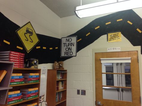 My classroom theme "Life Is A Highway" Classroom Goals Display, Childrens Ministry Room, Construction Theme Classroom, School Fundraising Events, Road Trip Theme, School Wide Themes, Travel Theme Classroom, Life Is A Highway, Transportation Room