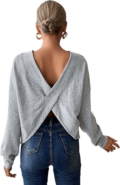 Blouse Backless, Cross Sweater, Backless Shirt, Flirty Tops, Cut Sweatshirts, Back Drop, Loose Pullover, Long Sleeve Knit Tops, Autumn Fashion Women