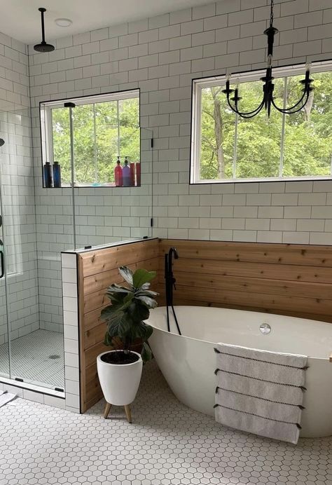 Large Basement Bathroom Ideas, Jacuzzi Tub Small Bathroom, Bathroom With High Window, Soaking Tubs Master Bath Bathroom, Main Ensuite Bathroom Ideas, Farm Master Bath, Bathtub Pony Wall, Combined Bath And Shower Ideas, Bedroom To Bathroom Conversion