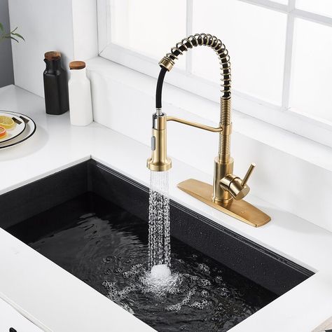 FORIOUS Pull Out Kitchen Faucet & Reviews | Wayfair Gold Kitchen Faucet, Pull Out Kitchen Faucet, Single Handle Kitchen Faucet, Kitchen Sink Faucets, Diy Installation, Kitchen Handles, Water Supply, Kitchen Faucet, Kitchen Sink