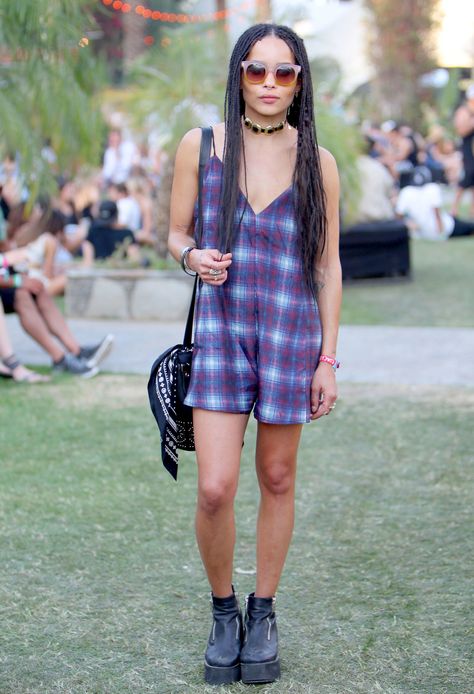 Best Dressed Celebrities Coachella 2015 | Zoe Kravitz || NYLON Coachella Celebrities Outfits, Celebrities Coachella, Celebrity Coachella Outfits, Zoe Kravitz Style, Coachella 2015, Coachella 2016, Coachella Looks, Plaid Romper, 2015 Outfits