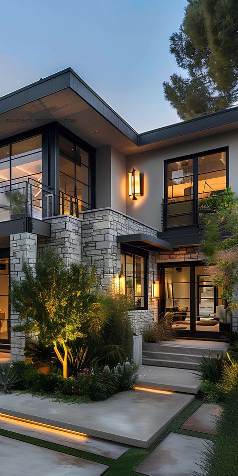 Modern Home With Stylish Lighting Houses Aesthetic Exterior, Dream House Exterior Modern Luxury, Aesthetic Exterior House, Modern House Design Exterior Luxury, Sala Exterior, Aesthetic House Exterior, Unique Houses Exterior, Internal Decoration, Luxury Houses Entrance