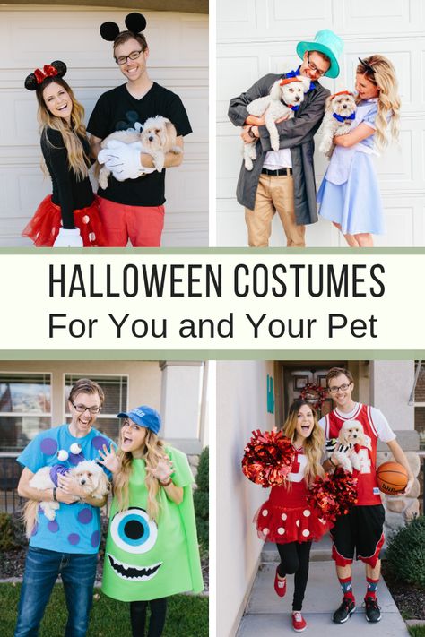 Matching Cat Costumes, Couple Costume And Dog, Up Dog Costume, Couple Costumes And Dog, Cat Dog Costume Couple, 2 People And Dog Halloween Costumes, Halloween Costumes With Cat And Owner, Pet Halloween Costumes Matching, Cute Couple Halloween Costumes With Dog