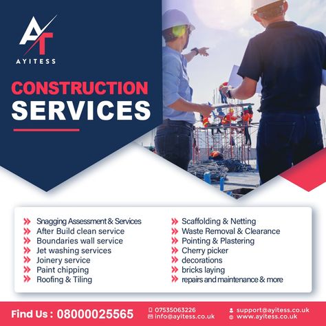 www.ayitess.co.uk Construction Advertisement Design, Construction Company Advertising, Construction Advertisement, Services Poster, Empowerment Activities, Campaign Management, Construction Marketing, Building Construction Materials, Ads Banner