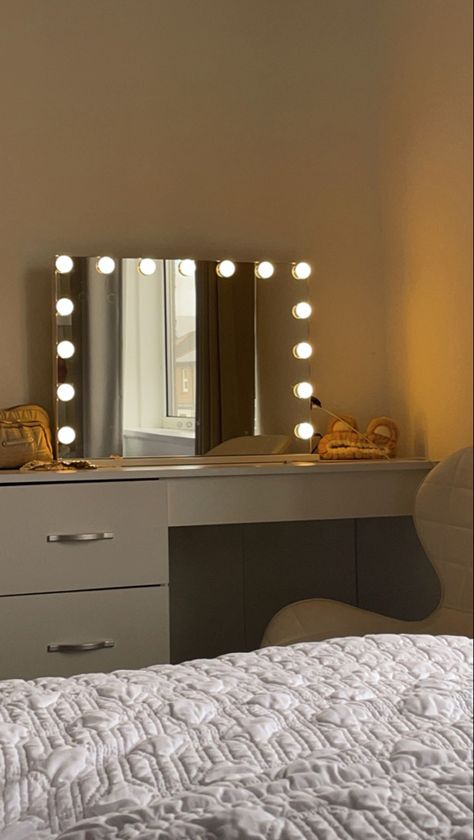 I 🤍 My Room Make Up Desk With Mirror, Hollywood Makeup Vanity, Make Up Mirror With Lights, Mirror With Lights Ikea, Light Up Vanity Mirror Aesthetic, Room Inspo Hollywood Mirror, Hollywood Mirror On Desk, Makeup Desk Hollywood Mirror, Bulb Mirror