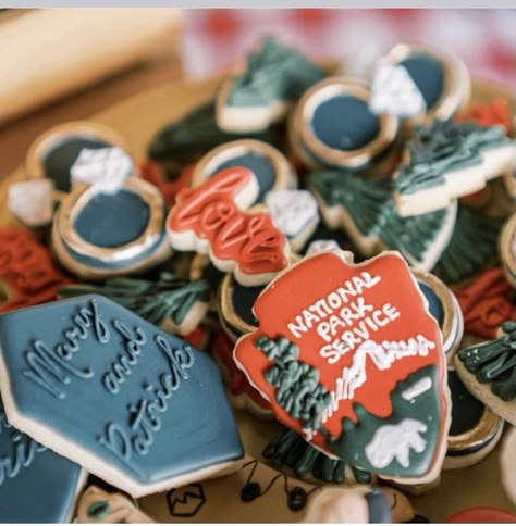 National Park Themed Bachelorette Party, Mountain Theme Engagement Party, Camping Rehearsal Dinner, National Parks Bridal Shower Ideas, National Park Bridal Shower Theme, National Park Cookies, National Park Wedding Shower Theme, Hiking Bridal Shower Theme, Mountain Wedding Cookies