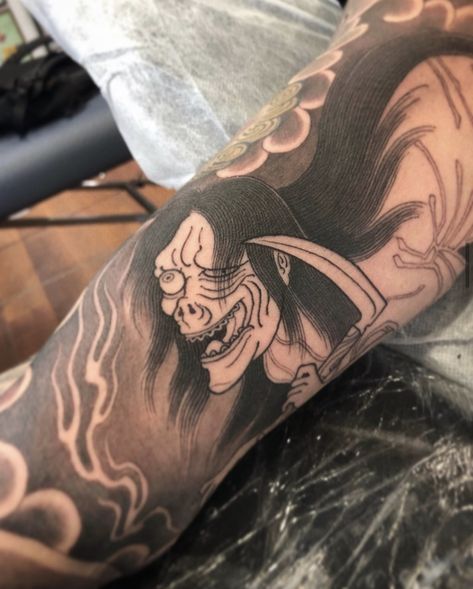 japanese ghost yurei ghoul yokai tattoo Yokai Sleeve Tattoo, Yurei Ghost Tattoo, Japanese Gourd Tattoo, Gashadokuro Tattoo, Yokai Tattoo Design, Japanese Ghost Tattoo, Japanese Ghost Art, Dark Japanese Tattoo, Japanese Horror Tattoo