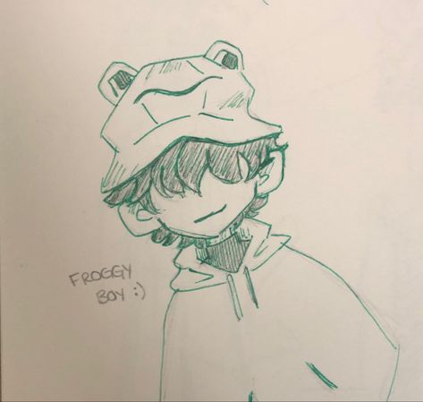 frog boy doodle Frog Cute Sketch, Holding A Frog Reference, Frog Hoodie Drawing, Derpy Frog Drawing, Frog Drawing Sketches, Frog Oc, Hoodie Doodle, Frog Cosplay, Boy Doodle