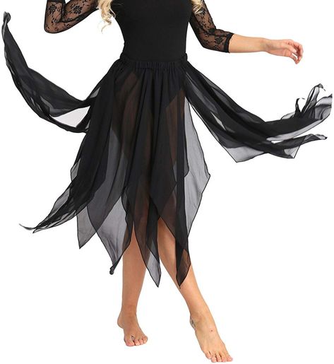 ranrann Women's Chiffon Hi-Low Fairy Fancy Dress Belly Dance Flowy Asymmetrical Wrap Skirts Black One_Size at Amazon Women’s Clothing store Gothic Dance Costumes, Witch Dance Costumes, Flowy Dance Costumes, Dark Dance Costumes, Black Dance Dress, Black Dance Dresses, Contemporary Dance Outfits, Black Dance Costumes, Fairy Fancy Dress