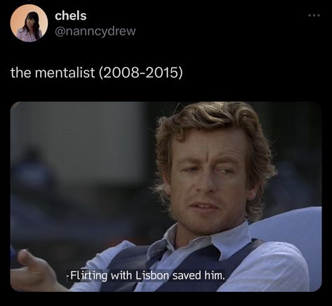 patrick jane teresa lisbon jisbon the mentalist funny tweet The Mentalist Funny, The Mentalist Jane And Lisbon, The Mentalist Fanart, Jisbon Mentalist, Jane And Lisbon, Teresa Lisbon, Detective Shows, Lemongrass Tea, Patrick Jane