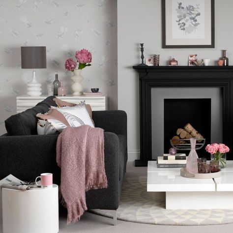 Decorating with darker colours - 10 of the best ideas Charcoal And Blush Living Room, Fireplace Dark, Dark Couch, Blush Pink Living Room, Black Sofa Living Room, Dark Sofa, Dark Grey Living Room, Black Couch, Black Fireplace