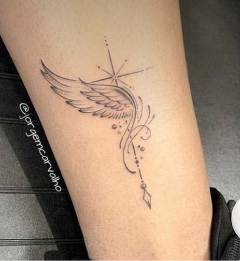 Arm Tattoos For Women Birds, Tattoo Ideas Female Small Unique Neck, 4 Inch Tattoos For Women, Delicate Angel Wings Tattoo, Cross With Wings Tattoo For Women, Abstract Angel Tattoo, Women Fine Line Tattoo, Tasteful Tattoos For Women, Feather Memorial Tattoo