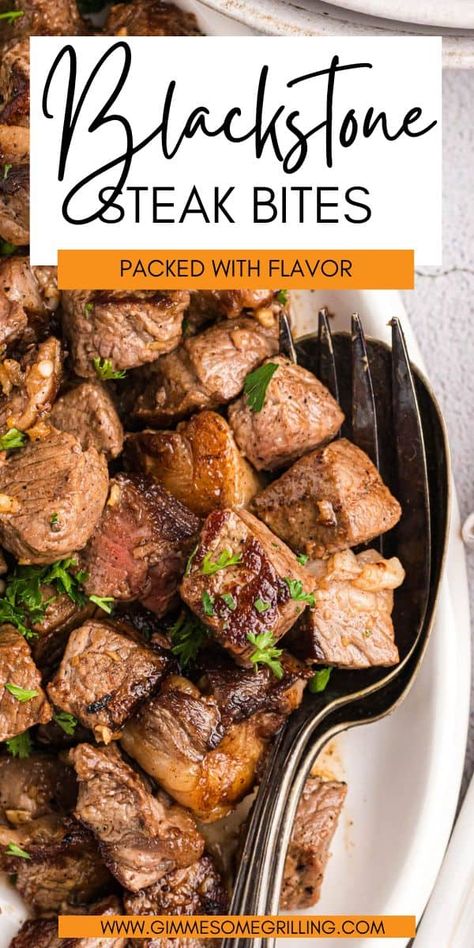 Tender, juicy steak bites perfectly seasoned on the Blackstone Griddle. These Blackstone Steak Bites are a quick and easy dinner recipe that is so easy to make. Packed with flavor in every bite. Blackstone Steak Bites, Blackstone Steak, Juicy Steak Bites, Best Steak Seasoning, Best Roast Beef Recipe, Blackstone Cooking, Teriyaki Steak, Steak And Broccoli, Steak Bites Recipe