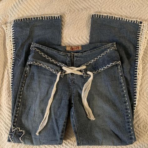 vintage coco crochet flared jeans measurements-... - Depop Rave Crochet, Ropa Upcycling, Upcycle Clothes Diy, 2000s Outfits, Fire Fits, Flared Jeans, Dream Clothes, Upcycle Clothes, Fall Winter Outfits