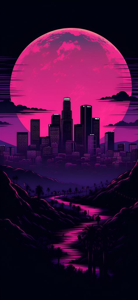 Neon pink aesthetic view of the Los Angeles skyline featuring the U.S. Bank Tower. Neon Pink Aesthetic Wallpaper Iphone, Pink Aesthetic Wallpaper Iphone, Neon Pink Aesthetic, Image Illusion, Synthwave Art, Cityscape Wallpaper, Los Angeles Skyline, Vaporwave Wallpaper, Amoled Wallpapers