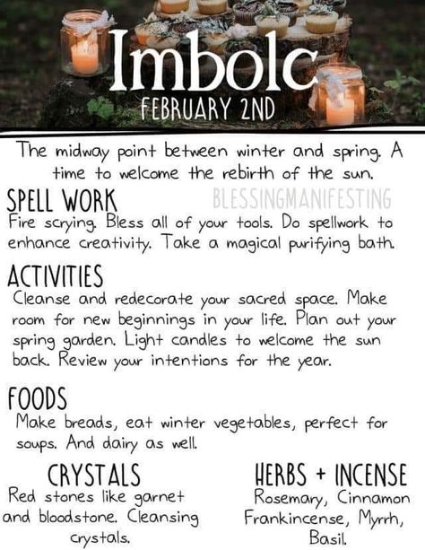 Imbolc Correspondences, Imbolc Ideas, Happy Imbolc, Wiccan Holidays, Blessing Manifesting, Pagan Sabbats, Imbolc Ritual, Pagan Holidays, Wiccan Sabbats