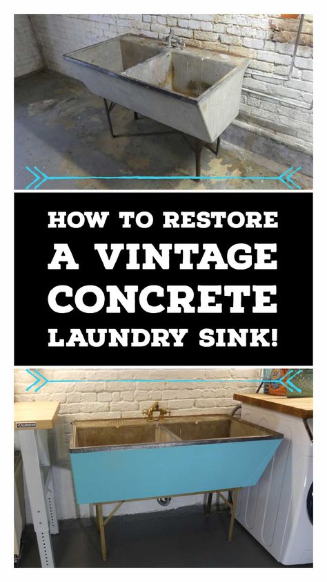 That old sink in your basement doesn't have to stay an eyesore!  See how we brought this vintage 1920's era concrete laundry sink back to life!  This how to guide is part of a full laundry room makeover where we take a scary basement and bring it to a funky fun space we're not afraid to wash our unmentionables in!  See the full series over at https://lazyguydiy.com Concrete Laundry Sink, Utility Sink Ideas, Amazing Basements, Scary Basement, Basement Laundry Room Makeover, Cement Sink, Garden Sink, Old Sink, Basement Laundry Room